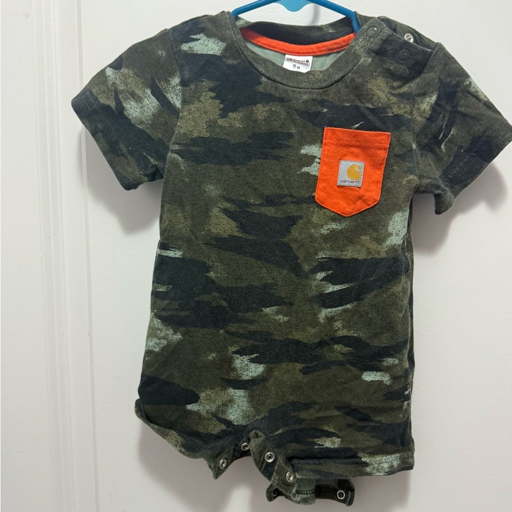 Carhartt Kids Green Camo Romper with Orange Pocket